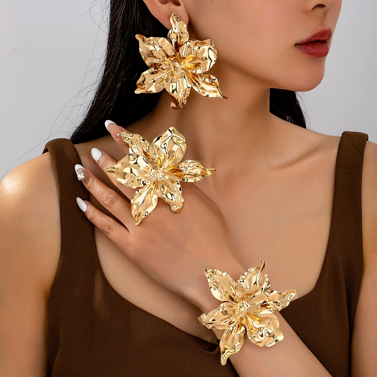Design bracelet, ring, earrings, set, flowered, bright catchy style