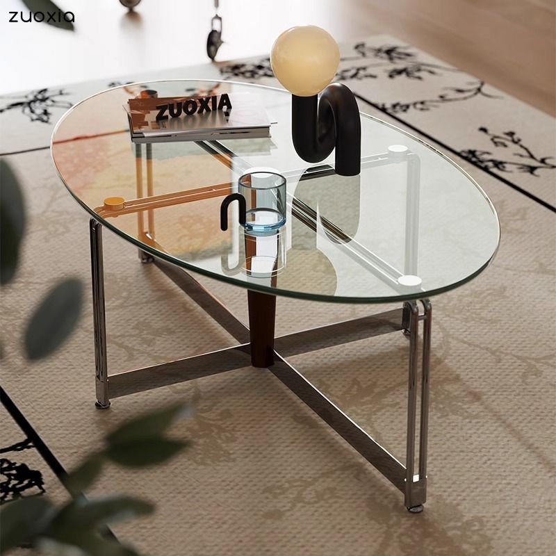Bauhaus retro mesa de té de acero inoxidable sala de estar ovalada mesa de té de vidrio temperado simple y moderna image 3