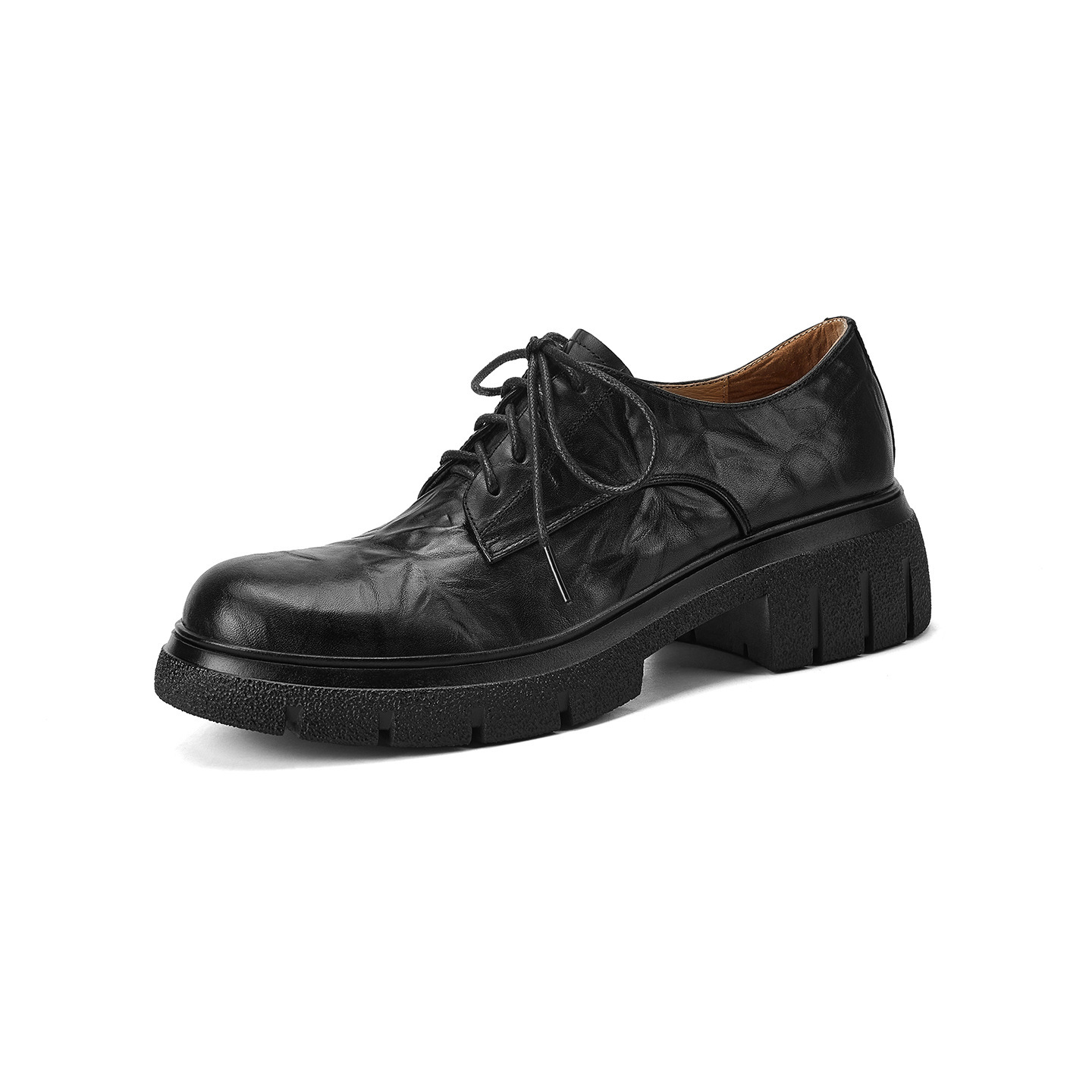 Giày nữ đế xuồng platform da bò đánh bóng phong cách vintage, gót 4 cm — màu nâu chi tiết 14
