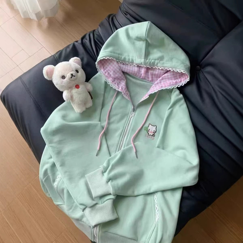 Cross-Border European and American New Style Foreign Trade Japanese Cute Loose Embroidered Patchwork Hooded Zip-Up Sweatshirt Jacket for Women Cross-Border European and American New Style Foreign Trade Japanese Cute Loose Embroidered Patchwork Hooded Zip-Up Sweatshirt Jacket for Women