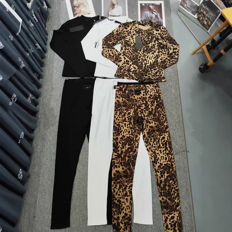 D Home Cross-border Foreign Trade Collar Letter Leopard Print Knitted T-shirt suit Contrast Color Waist Stretch Leggings Two-piece Set