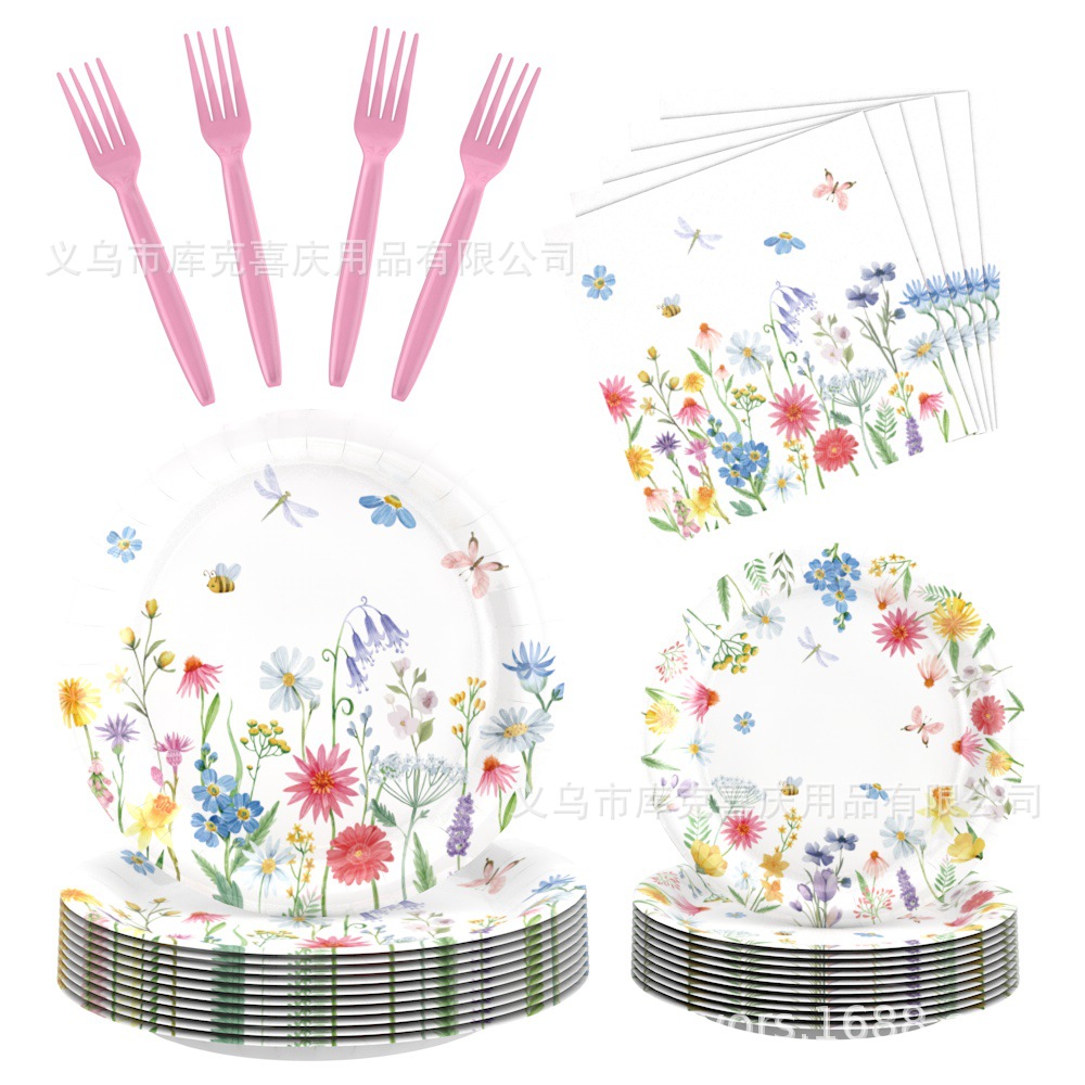 Amazonas primavera flor silvestre flor tema bandeja de papel desechable tazas de papel toallas set de cubiertos decoración de fiesta de cumpleaños
