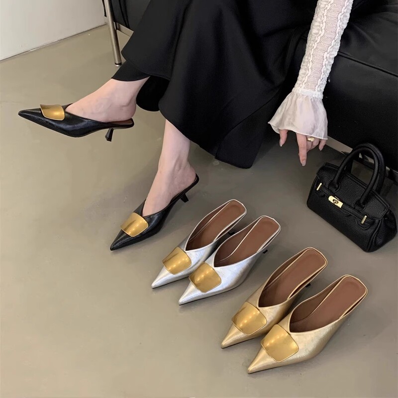 2025 Summer New Style Metal Buckle Pointed Toe Thin Heel Mid-Heel Closed-Toe Mules for Women Outdoor Wear Sandals Half Slippers 2025 Summer New Style Metal Buckle Pointed Toe Thin Heel Mid-Heel Closed-Toe Mules for Women Outdoor Wear Sandals Half Slippers