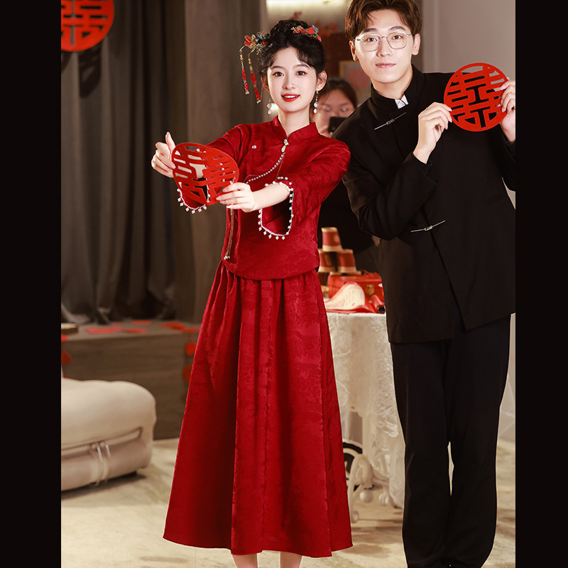 Maternity Formal Dress for Bride, Wedding Engagement Dress, Elegant New Chinese Style Plus Size Red Suit for Plus-Size Women