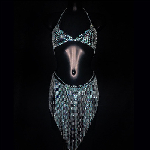 Manufacturer hot selling blue crystal sexy body chain suit nightclub bikini bra shorts short skirt body jewelry for women