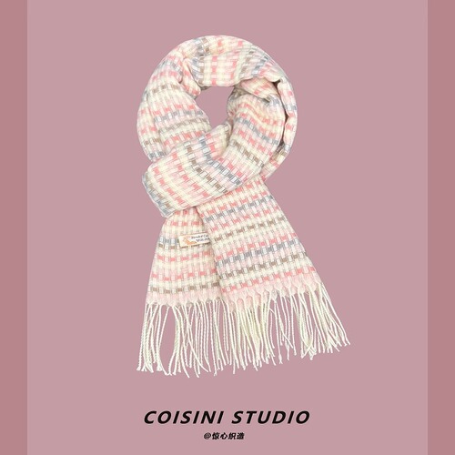 Japanese small fresh light pink small plaid imitation cashmere tassel scarf women's winter warm and versatile skin-friendly scarf trend