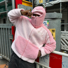 スプライスフード付きカーディガンジッパージャケット秋冬ラムウール面白いファッショントレンドルーズ男女同スタイルコントラストカラー
