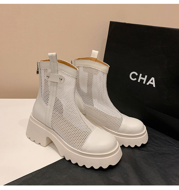 Boot nữ cổ cao đế dày gót bánh xốp da bò lưới thoáng khí xuân hè 2024 — Màu đen, Màu trắng be chi tiết 18