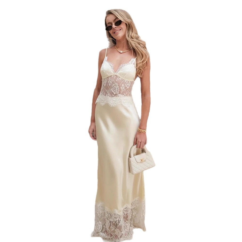 Europa y América primavera y verano nuevo temperamento de moda profundo V-collar transparente vestido de espalda abierta esbelta sexy encaje vestido largo