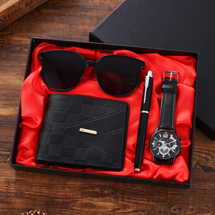 2025 Cross-border Fake Three-eyed Simple and Versatile Men's Quartz Belt Watch Sunglasses Wallet 5-piece Set Gift Box