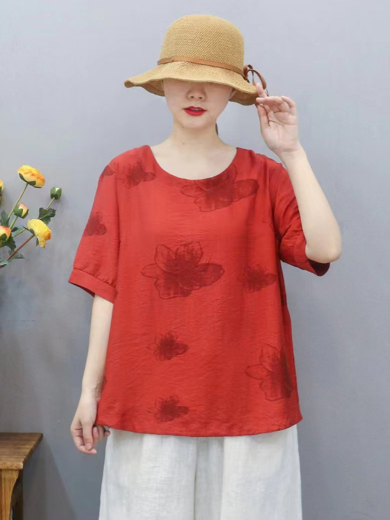 Nueva camiseta de mujer de estilo chino suelta impresa de manga corta para mujer camisa de fondo de verano Jersey cuello redondo artístico casual image 4