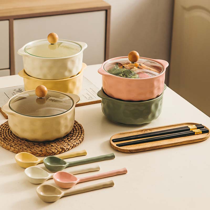 Dormitory Instant Noodle Bowl Japanese Style Nordic Simple Household Ceramic Tableware Snail Powder Bowl Large Bowl Soup Bowl with Lid N