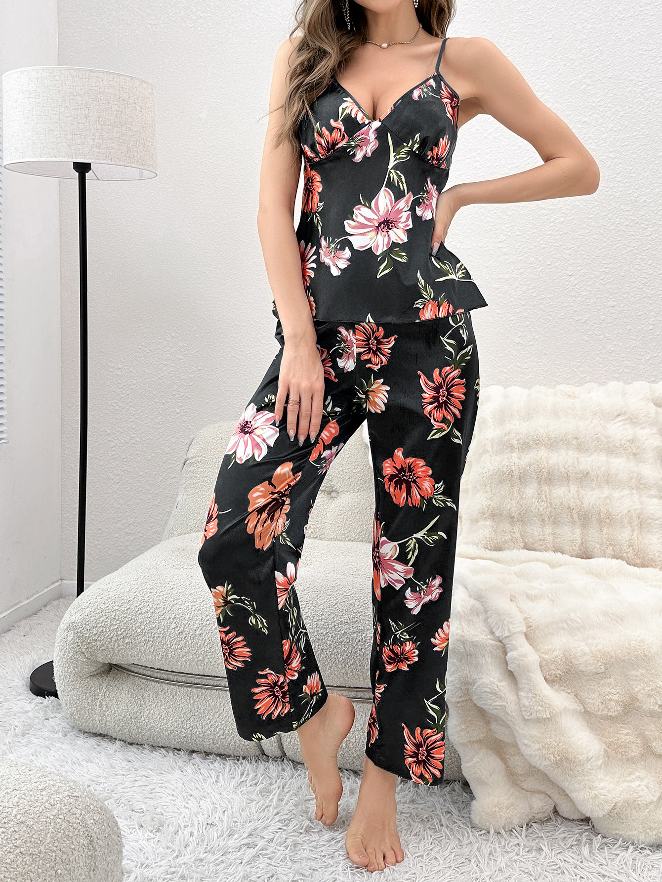 Home Women's Basic Classic Style Stripe Imitated Silk Polyester Pants Sets Pajama Sets display picture 13