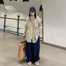 2025秋季新款条纹长袖衬衫休闲男女情侣款宽松复古港风衬衣外套