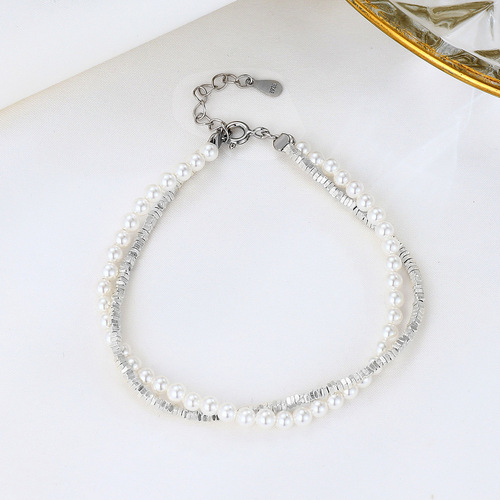 s925 sterling silver pearl square broken silver double-layer bracelet light luxury high-end temperament jewelry broken silver jewelry