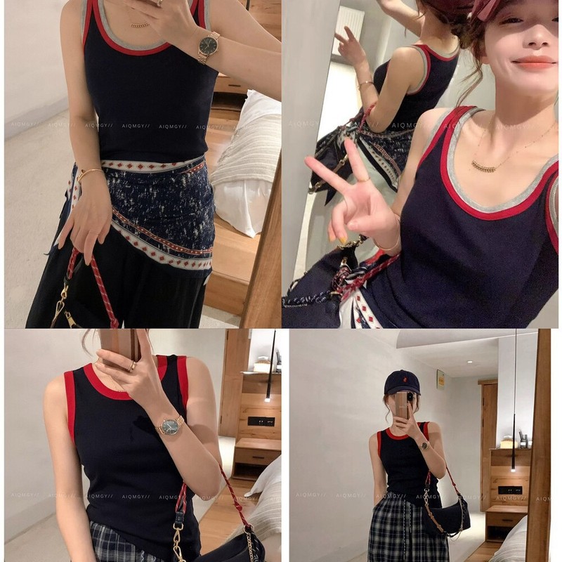 新款撞色拼接吊带背心女修身显瘦百搭无袖U领螺纹棉打底衫背心|undefined