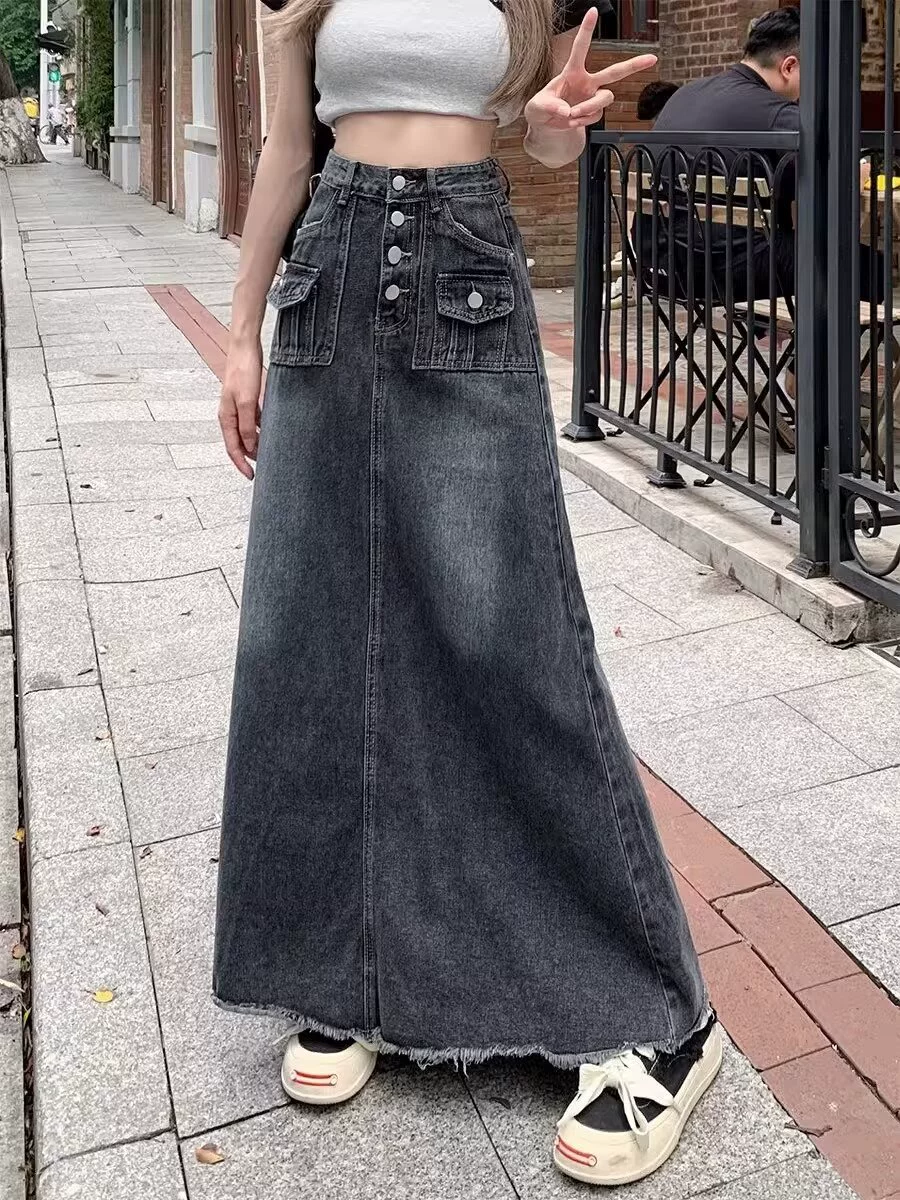 Retro long denim skirt, high‑waist A‑line, fitted, plus sizes S–5XL