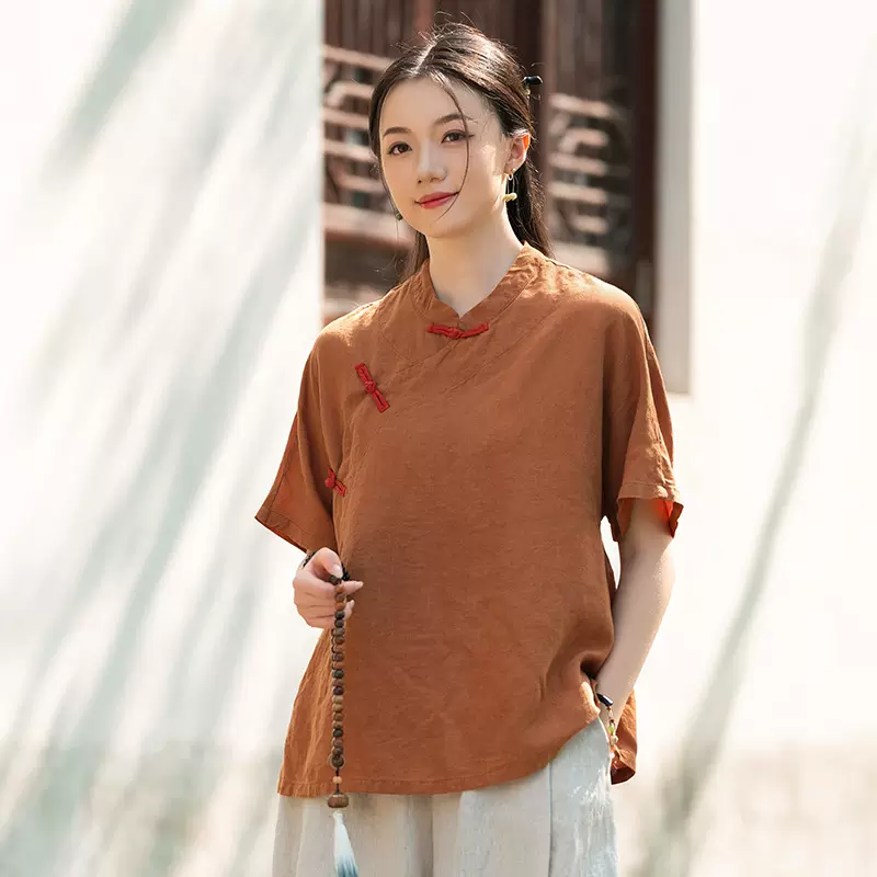 棉麻女装天丝苎麻斜襟盘扣T恤女唐装宽松半袖复古中国风上衣衬衫