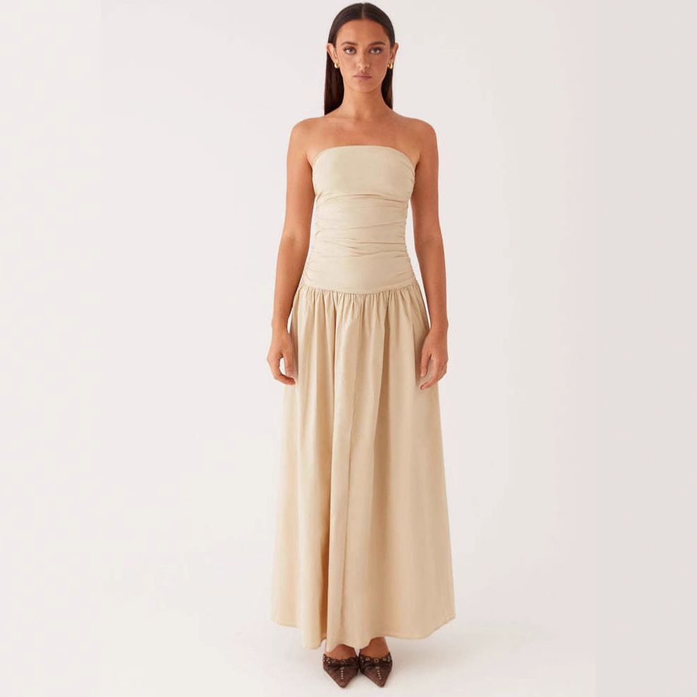 European and American Women's Summer Amazon New Elegant Retro High-end Strapless Pleated Stitching Dress dress