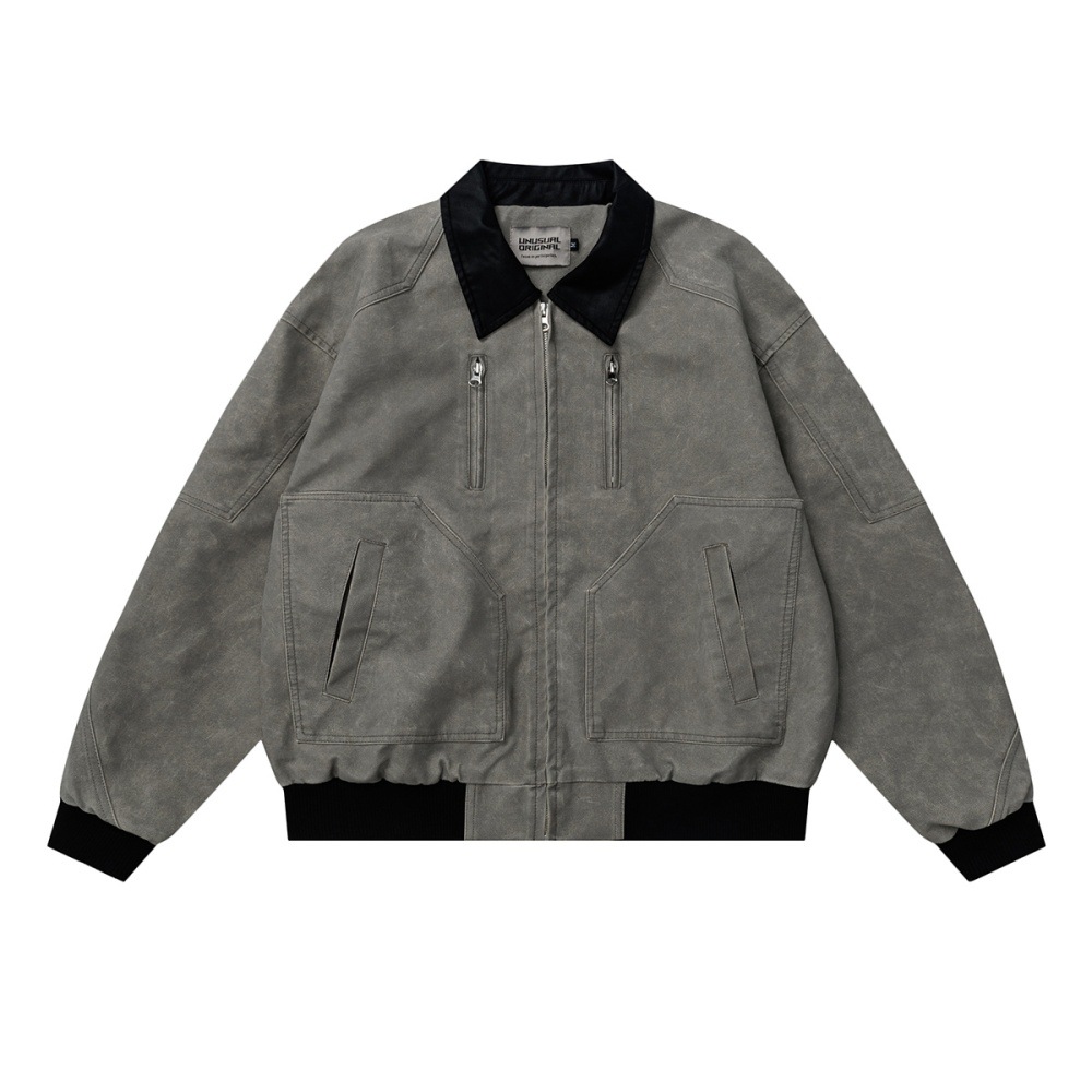 Punk Vintage Canvas Workwear Jacket For Men, Color-Block Turn-Down Collar, Loose Casual Deconstructed Zipper Design,_voghion.com