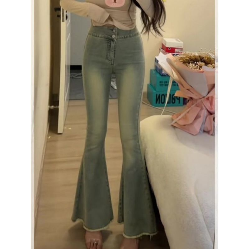 辣妹鱼尾喇叭新款小个子高腰牛仔裤显瘦弹力拖地长裤子微喇牛仔裤|undefined