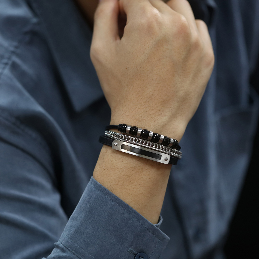 European and American Handmade Trendy Men's Black Asymmetrical Magnetic Buckle Leather Bracelet with Multi-layer Men's Woven Leather Bracelet_voghion.com