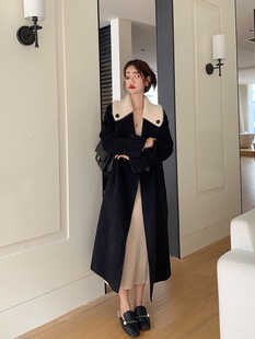 Early Spring Right Shoulder Long Double-Sided Wool Coat Niche Waist Temperament Splicing Sweet Loose Woolen Coat