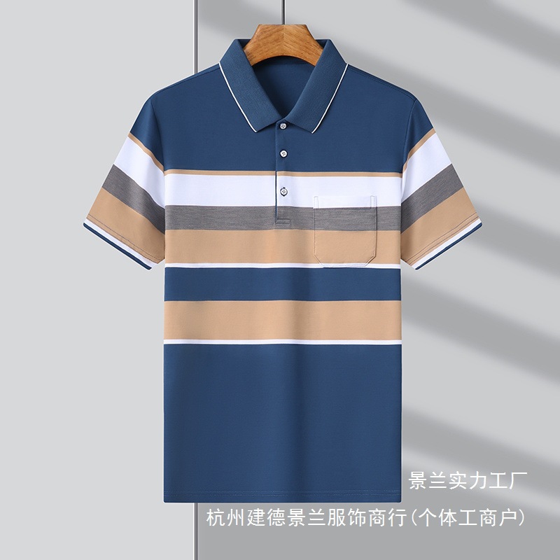 爸爸夏季男士口袋棉质短袖中老年恤新款宽松翻领衫上衣男装批发