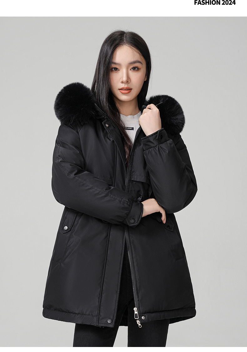 2024 foreign trade overcomes women's winter new Korean version waist cinching slimming hooded big fur collar cotton_voghion.com