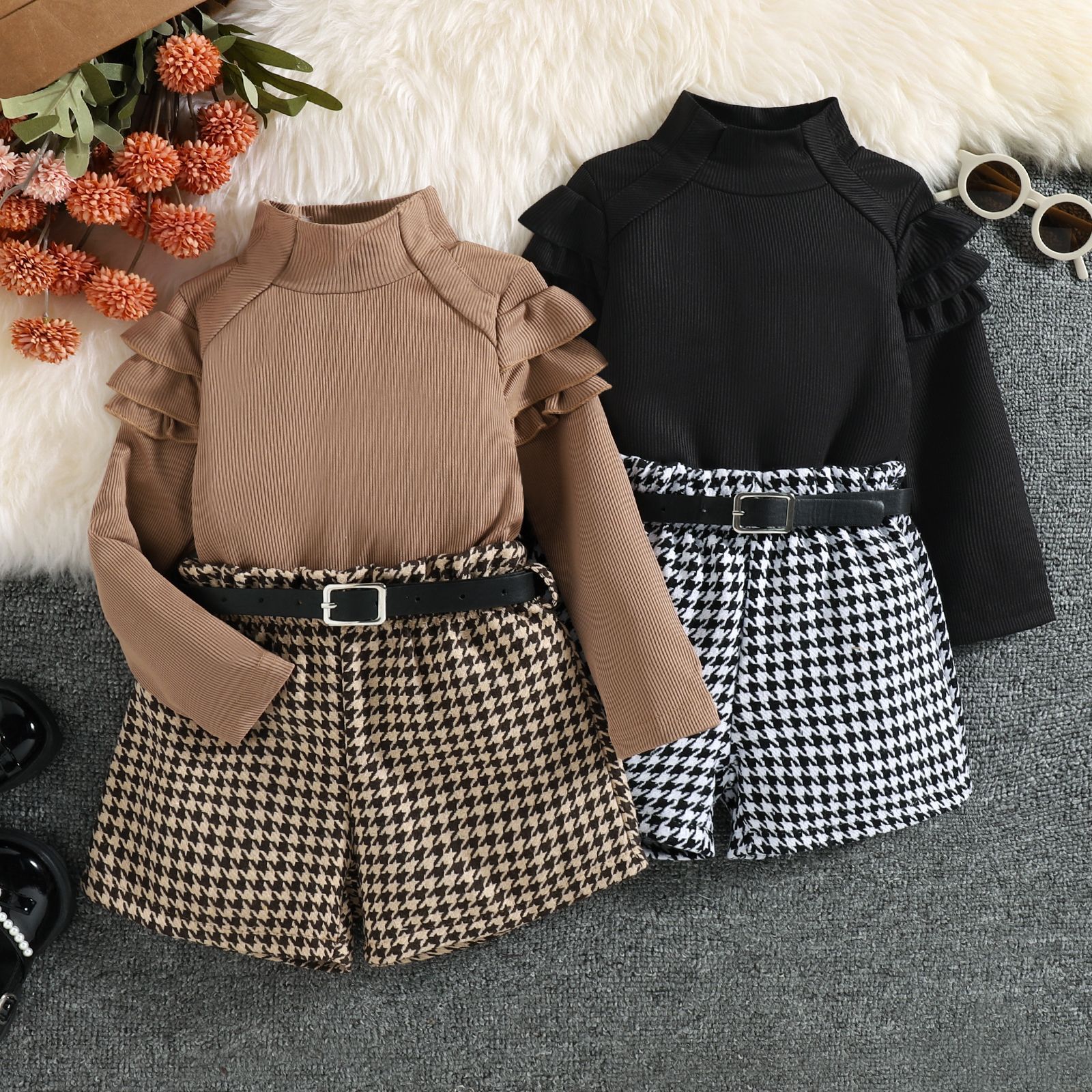 Treasure salary children's clothing autumn high collar ruffle design long sleeved bird pattern shorts with belt set_voghion.com