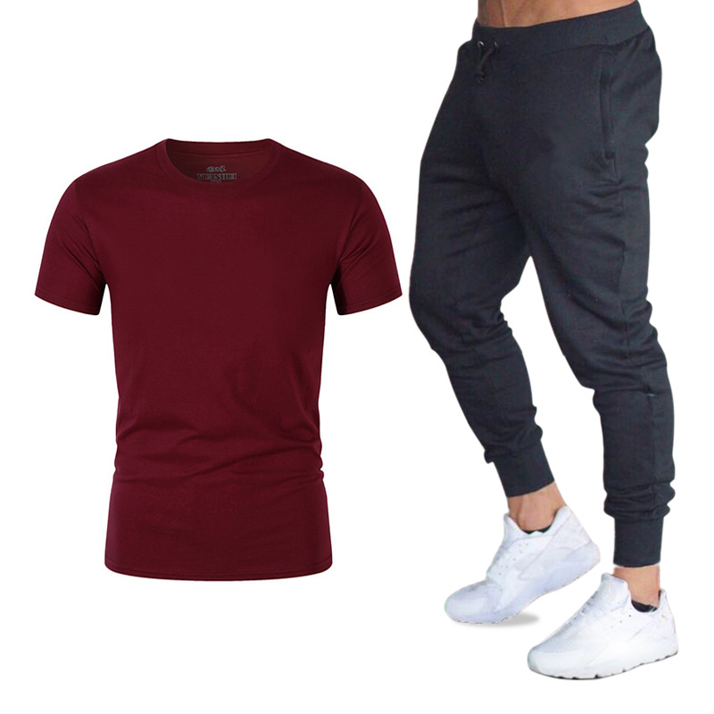 Traje de verano, ropa deportiva, conjunto de dos piezas de camiseta holgada de manga corta y pantalones largos para hombre, camiseta Gildan deportiva de moda