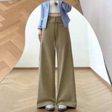 卡其色设计感牛仔裤女2025秋新款韩系抽绳高腰垂感直筒休闲阔腿裤
