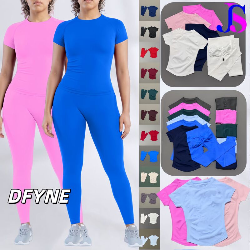 Dfyne Cross-Border Popular Silk Breathable Short-Sleeve Peach Butt Leggings Yoga Set Fitness Sportswear Women's Set