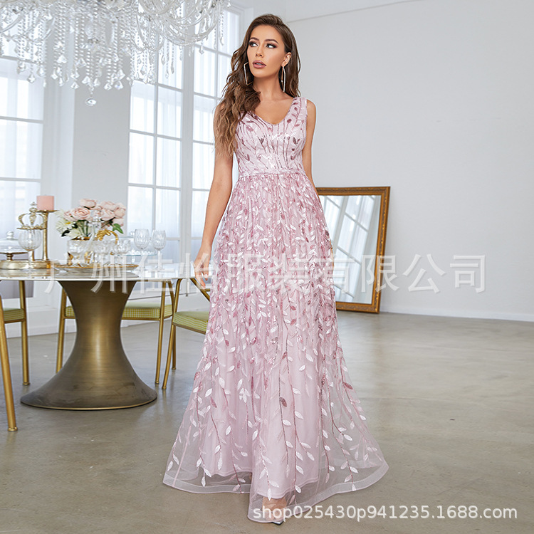 European and American Style Evening Dress New Long Skirt Party Dress Peach Pink Sleeveless Prom Dress Elegant V Neck Spring