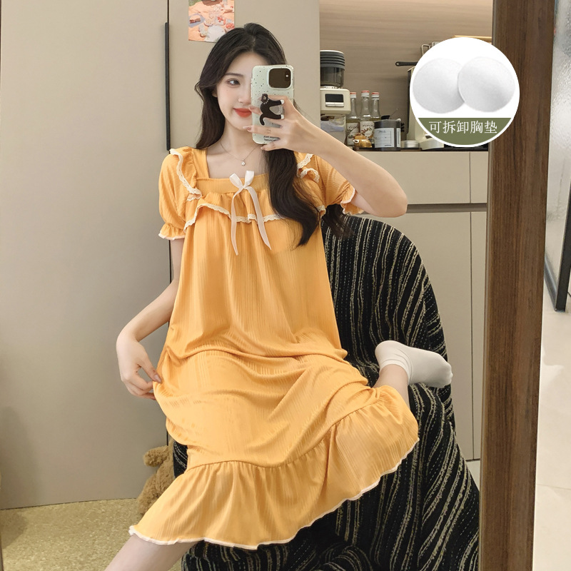 Al por mayor 2025 pijama de verano pijama de algodón princesa dulce vestido de estilo largo con cojín de pecho