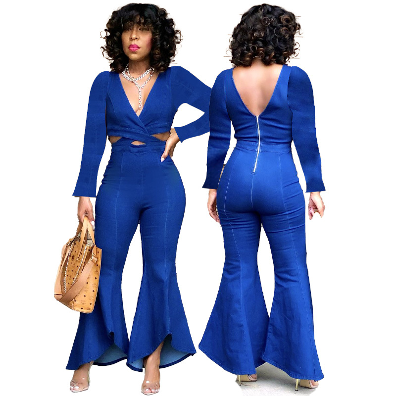 Long-Sleeved Deep V-Neck Denim Jumpsuit NSCYW108703