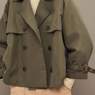 Short Trench Coat French Light Luxury Short Coat Trench Coat New Military Green Custom-Made with Samples and Drawings