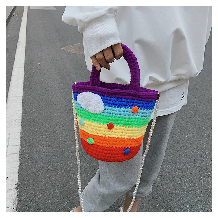 Women's Medium Plush Rainbow Stripe Cute Beading Weave Bucket Open Crossbody Bag display picture 13