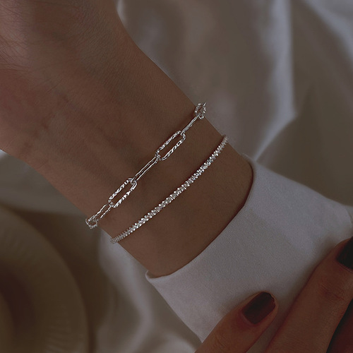 S925 sterling silver sparkling bracelet female flash internet celebrity light luxury geometric word chain cold style stacking bracelet