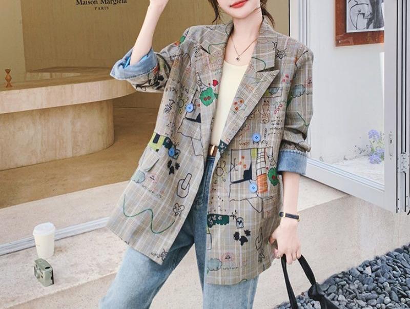2025春秋灰色格子西装外套女时尚感爆款炸街宽松休闲涂鸦印花西服|undefined