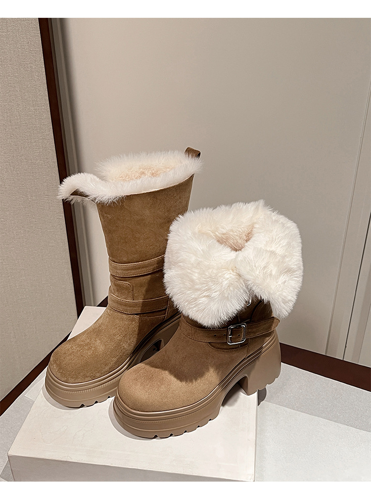 Boot nữ denim đế dày cổ trung lót lông giữ ấm, hai kiểu phối — màu nâu chi tiết 13