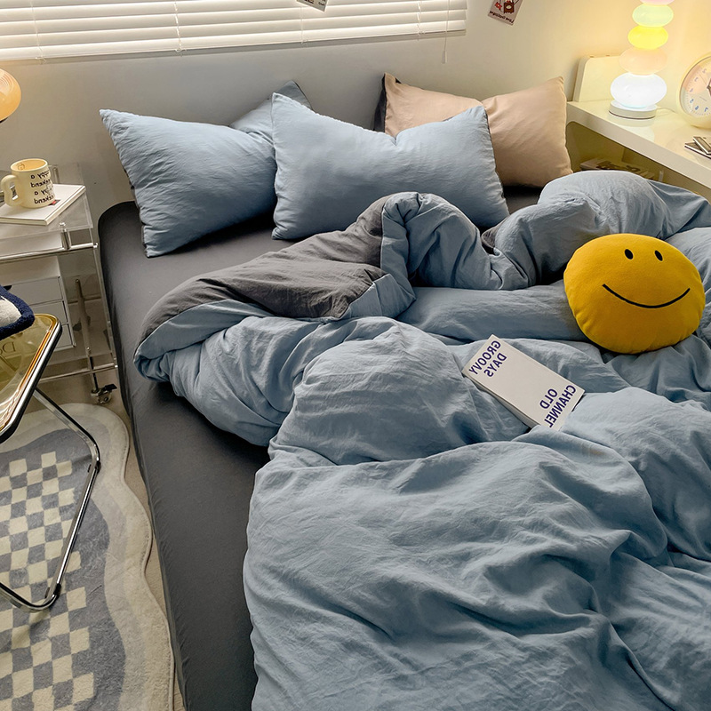 Baby Cotton Soft Waxy Knitted Washed Cotton Quilt Cover Bed Four-Piece Dormitory Bed Bed Sheets Three-Piece Fitted Bed Sheets 4