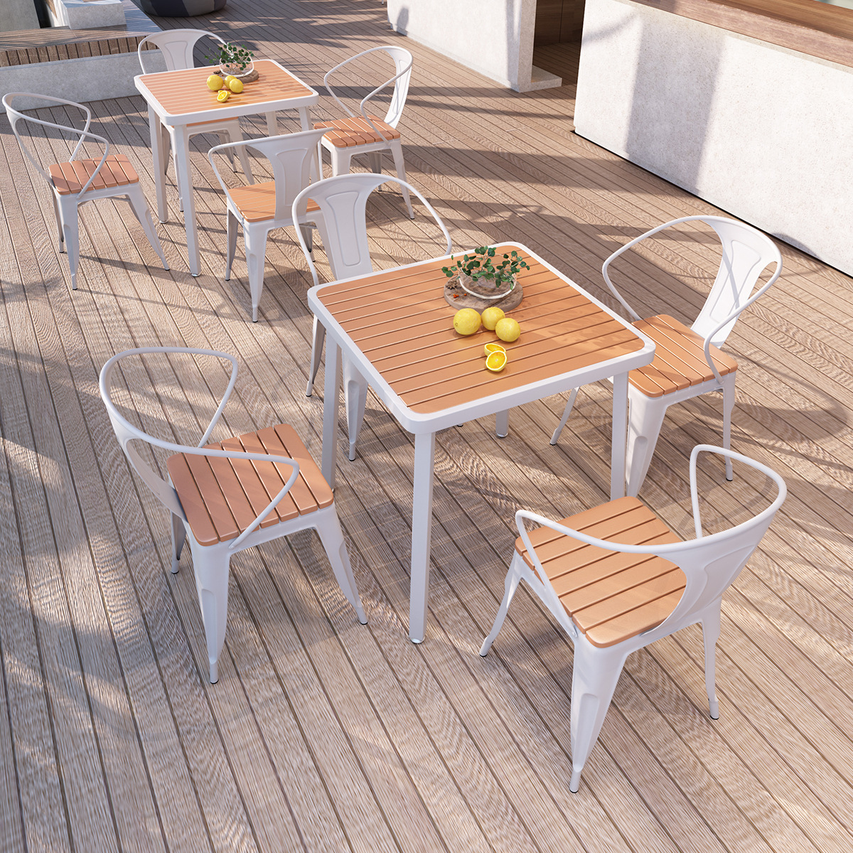 Simple outdoor plastic wooden tables and chair balcony outdoor leisure tables and chair coffee shops outside the table and chair combination