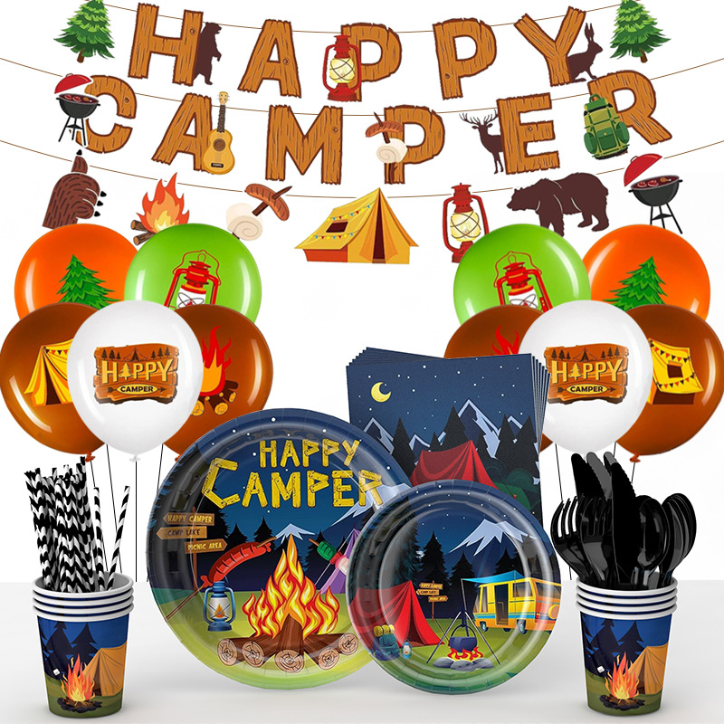 Tema de decoración de fiesta de camping al aire libre transfronterizo Placa de papel desechable atmósfera fiesta suministros Placa de papel traje