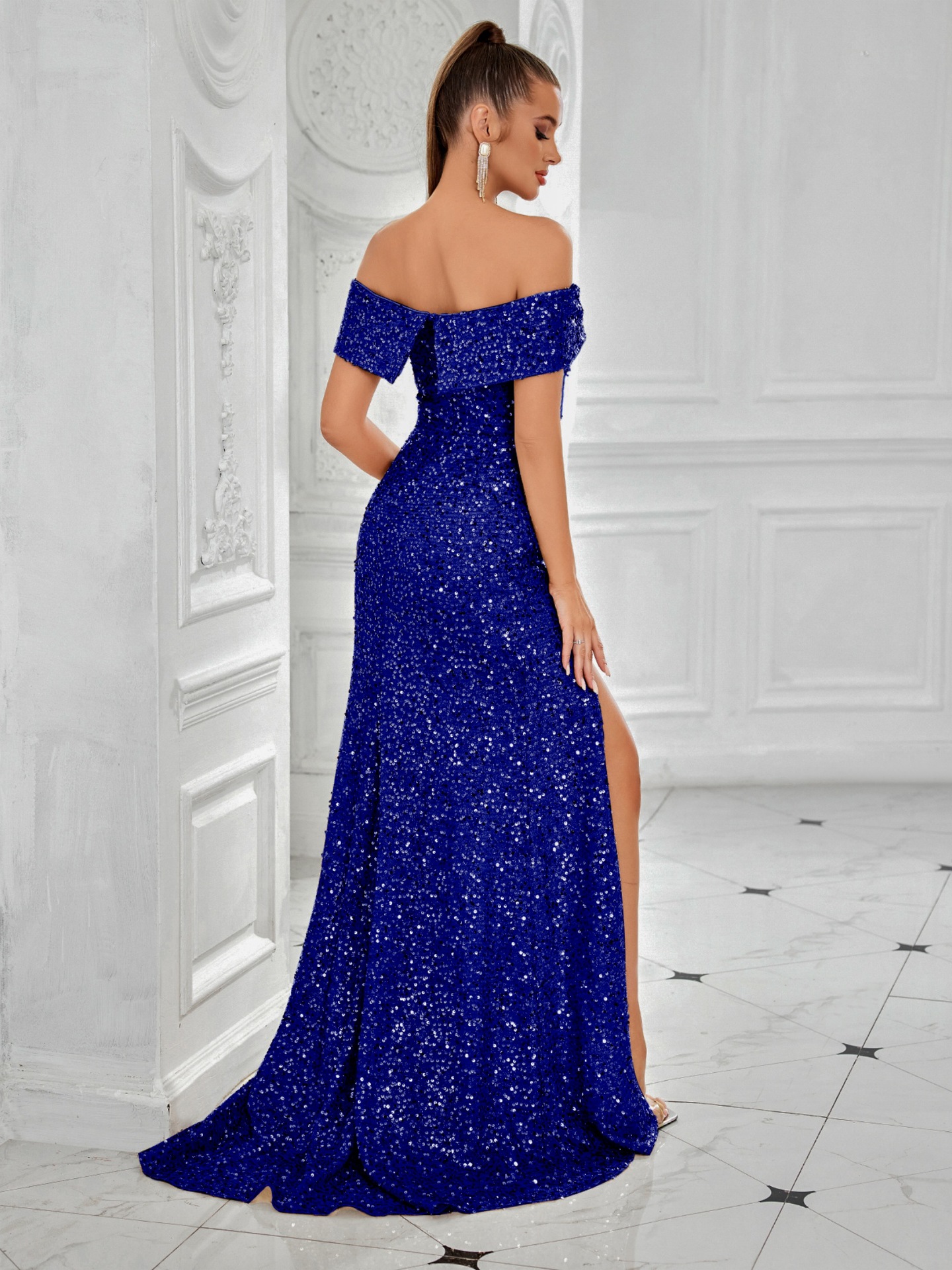 Diseño de banquetes europeo y americano transfronterizo sentido vestido dividido industria pesada cuello de una línea delgado vestido de lentejuelas delgado falda larga