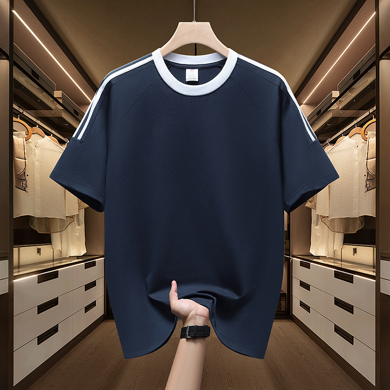 Algodón transfronterizo americano de tres barras de manga corta camiseta deportiva de moda masculina suelta y atractiva chaqueta de comercio exterior