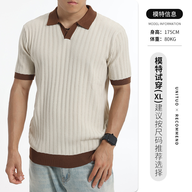 El antiguo viento de hielo de seda polo camisa de punto hombre color contrastante V-collar de negocios de verano casual camiseta de manga corta camiseta superior