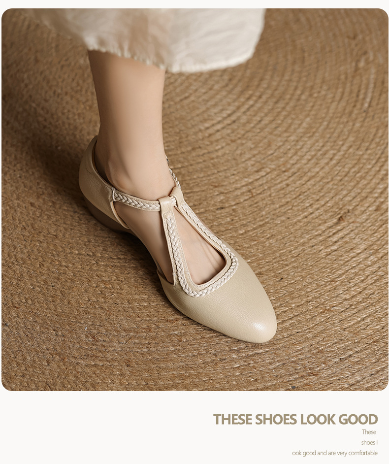 Sandal nữ quai ngang mũi nhọn da cừu đế xuồng gót 4.5 cm — nâu chi tiết 7
