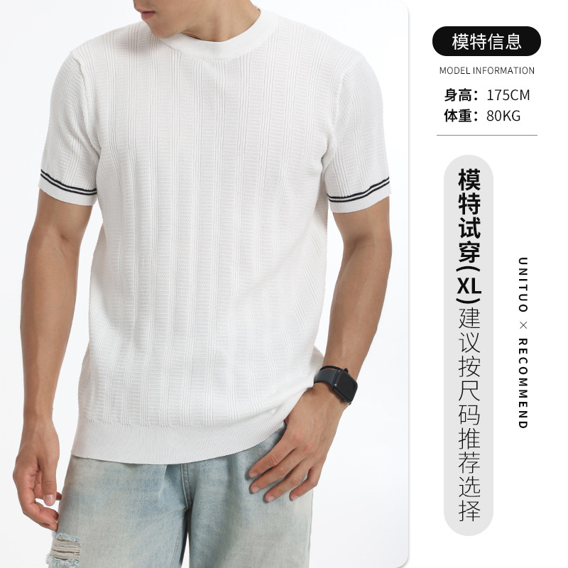 Europa y América transfronterizos hombre hielo tejido camiseta de manga corta cuello redondo textura vertical borde de color contraste chaqueta casual de negocios para hombre
