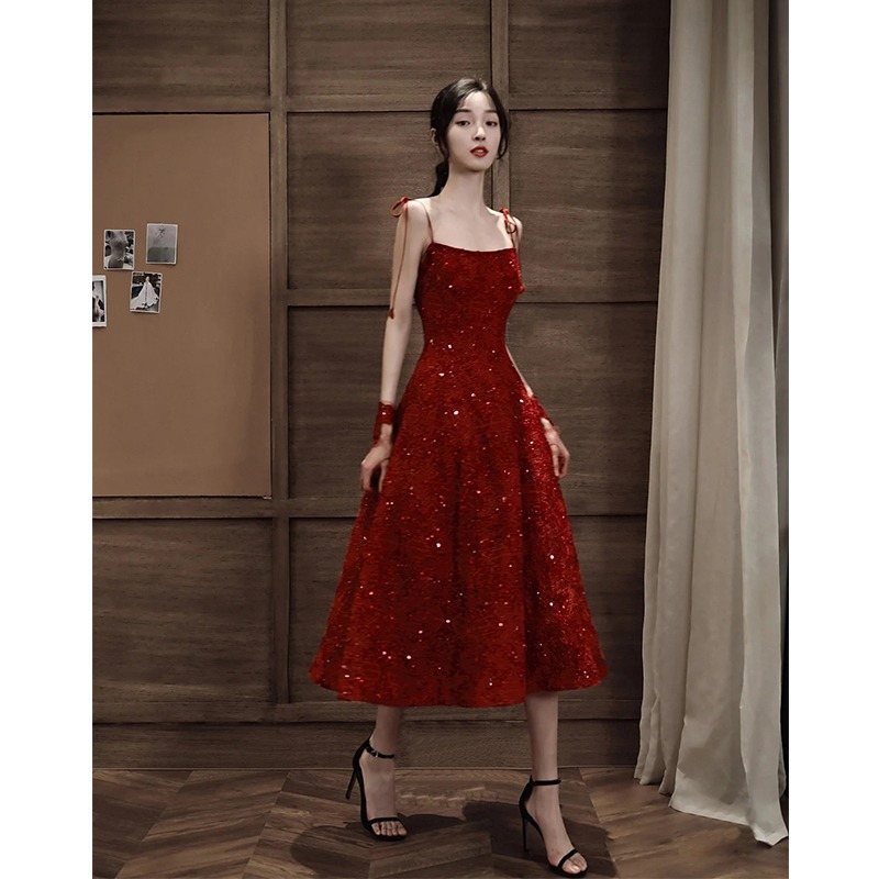 Bridal Toast Wear 2025 New High-End French Sequin Suspender Dress Small Engagement Evening Dress